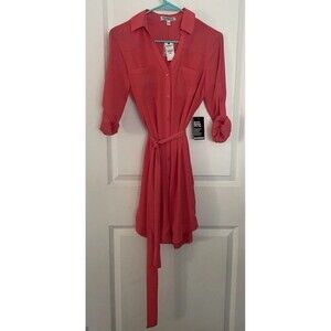 Express  Women Sz XS Shirt Dress Orange Button Front Waist Tie Belt NWT